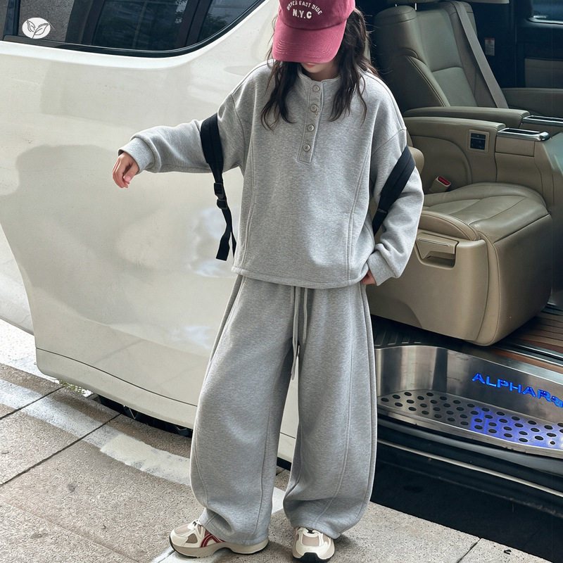 女童秋季新款休闲多扣立领卫衣阔腿裤套装学生百搭显瘦卫裤弯刀裤