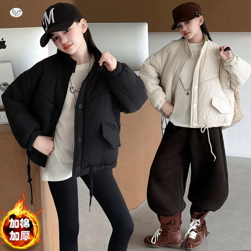 女童冬季新品加绒加厚立领棉服中大童保暖一体绒韩范穿搭夹棉外套