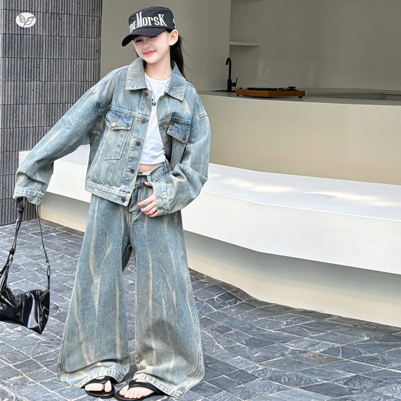 女童秋装2026新款中大童美式复古扎染翻领外套阔腿裤儿童牛仔套装