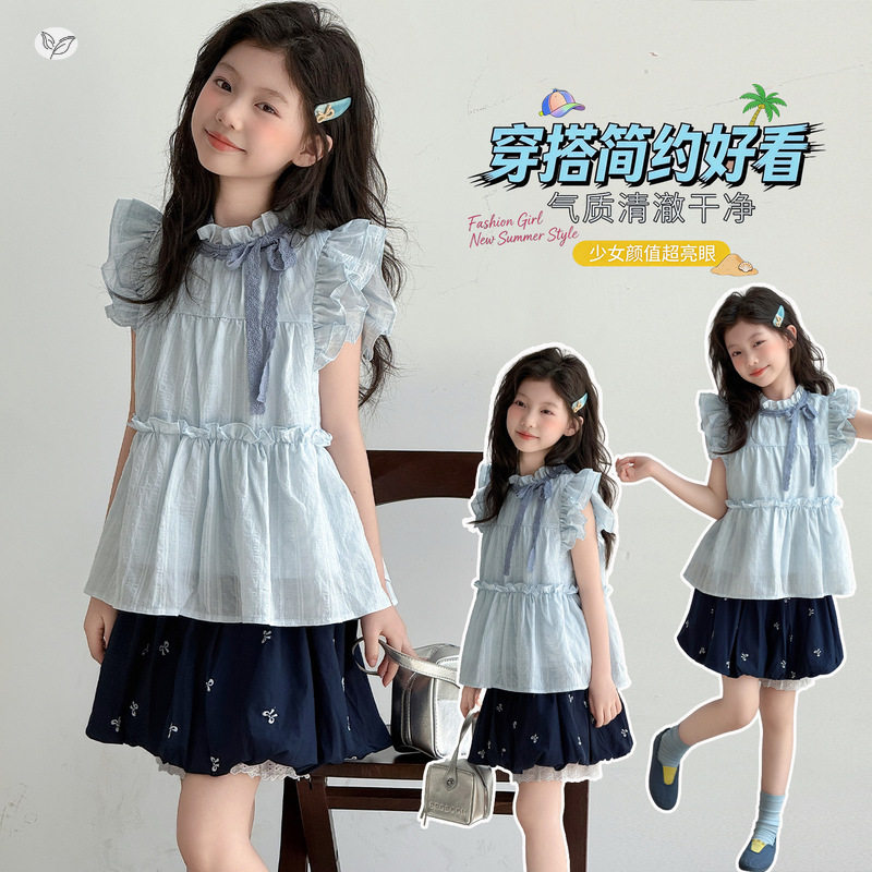 女童2026夏季新款中大童韩系小飞袖花边上衣蝴蝶结花苞裙裙裤套装