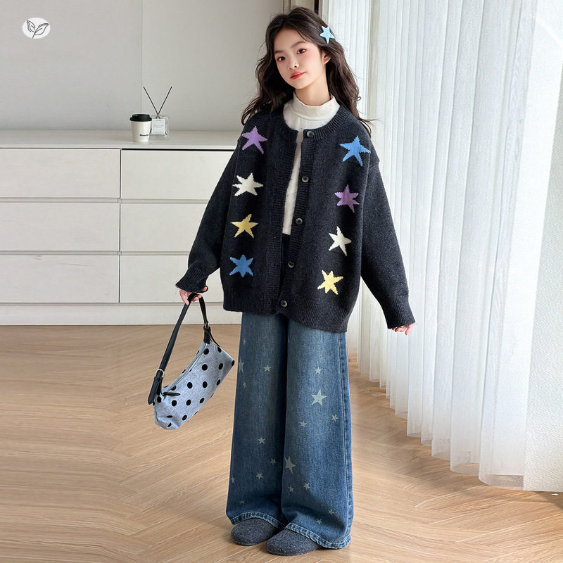女童秋季新款韩版五角星毛衣牛仔阔腿裤套装中大童针织衫开衫外套