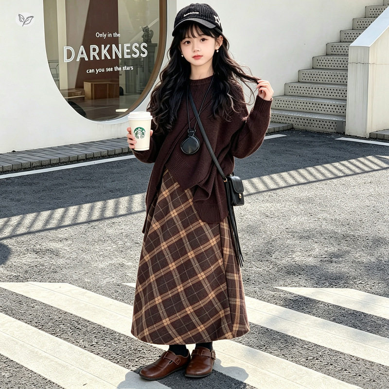 女童文艺气质秋装2026新款中大童不规则毛衣格子半身裙秋冬两件套