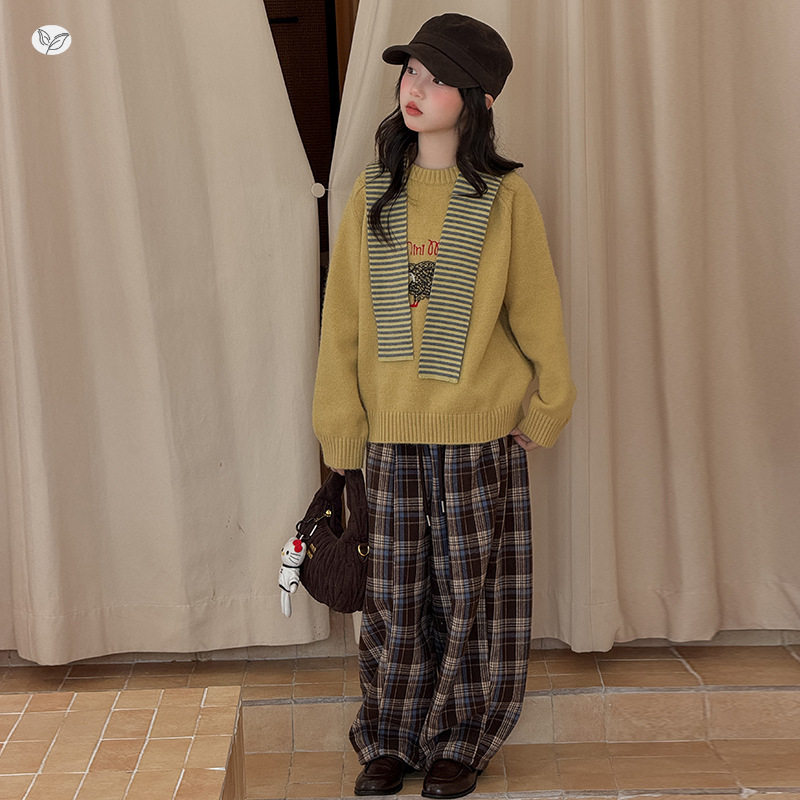 女童深秋新款韩版卡通套头毛衣格子阔腿裤套装中大童针织衫直筒裤