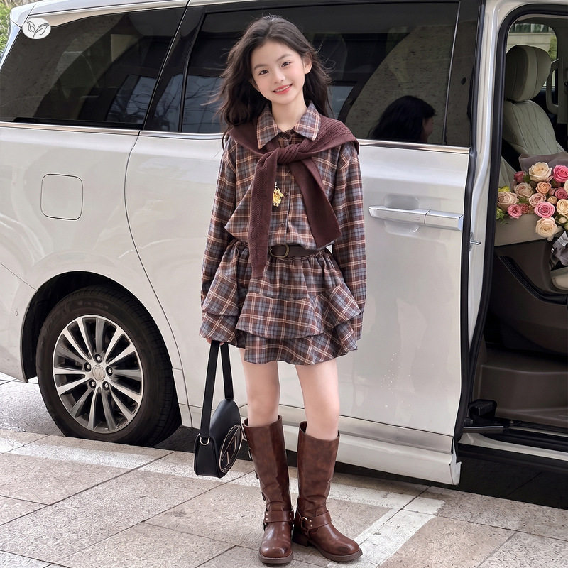 女童美拉德格子裙2026秋季新款中大童学院风披肩衬衫裙蛋糕裙短裙