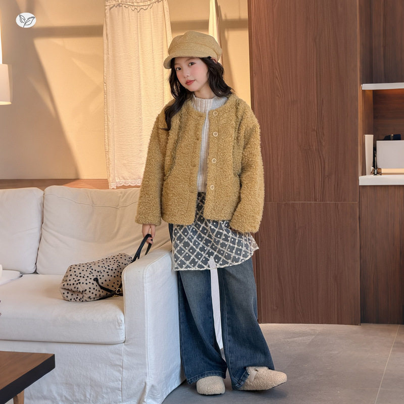 女童冬季韩版新款毛毛外套上衣中大童高领毛衣打底衫牛仔直筒裤潮