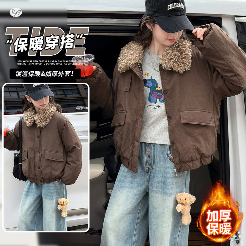 女童冬款新品加绒加厚毛毛翻领夹棉外套中大童短款工装夹克棉服潮