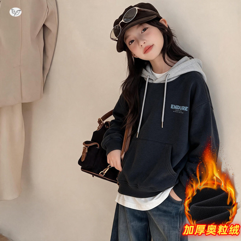 女童秋冬韩版连帽加绒加厚卫衣中大童保暖休闲帽衫上长袖卫衣潮范