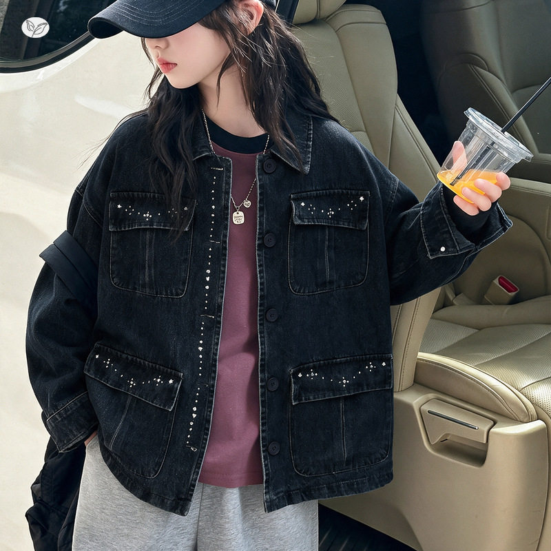 女童2026春秋韩版新款衬衫牛仔烫钻外套中大童休闲上衣夹克秋装潮