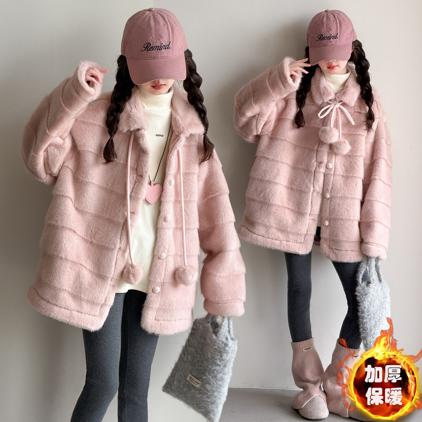 女童新款甜美可爱毛毛外套女大童韩版毛毛绒大衣外套加厚休闲潮范