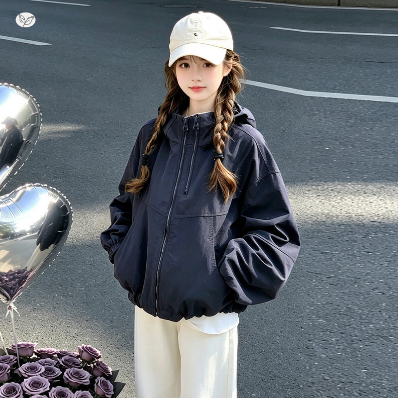 女童短款连帽外套2026秋季新款中大童双拉链工装夹克衫儿童户外服