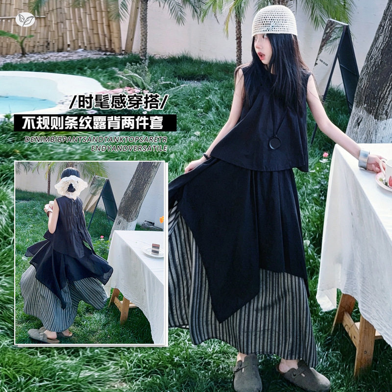 女童2026夏季新款韩系不规则条纹拼接叠穿两件套女孩无袖上衣半裙