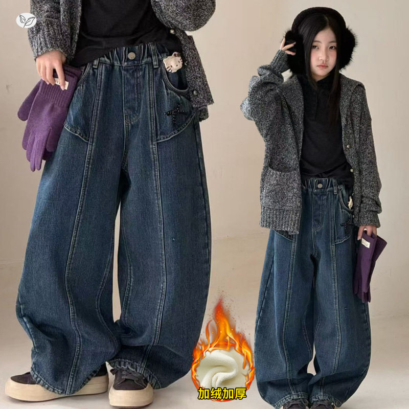 女童秋冬韩版荷叶边微弯刀加绒裤中大童休闲裤腿裤时尚外穿长裤潮