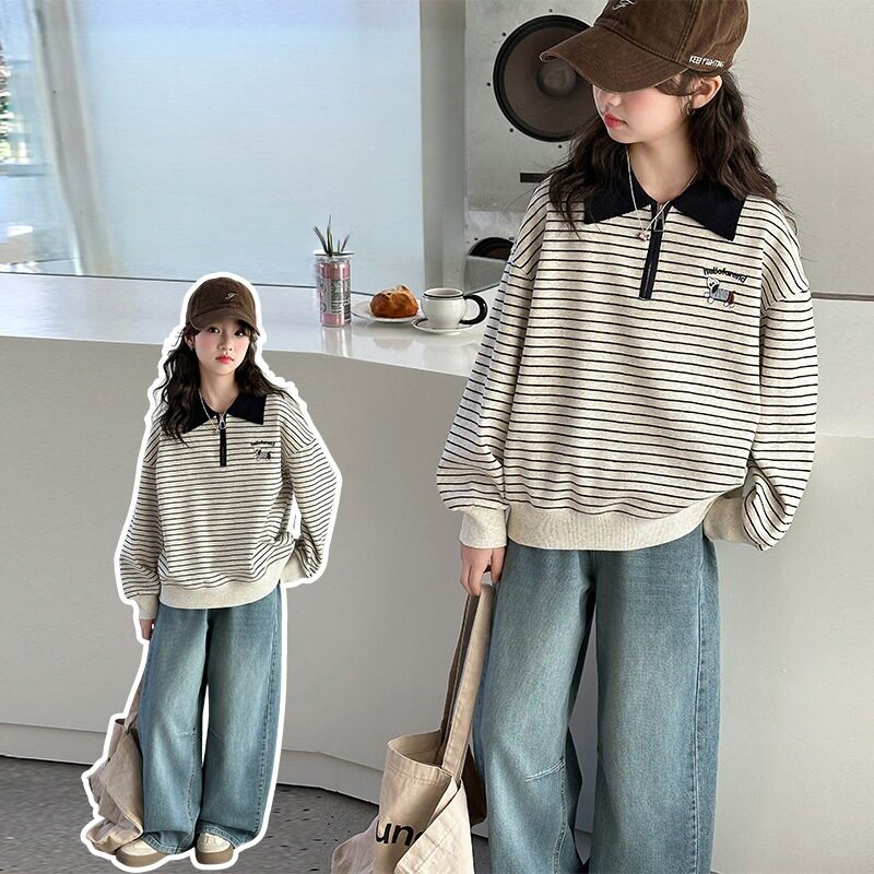 女童条纹卫衣2026秋装新款儿童长袖polo衫上衣大童女孩休闲套头衫