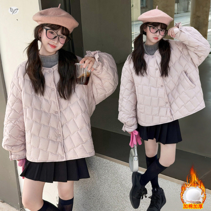 女童加绒韩版棉服中大童休闲时尚保暖棉衣洋气袖口蝴蝶结棉衣潮范