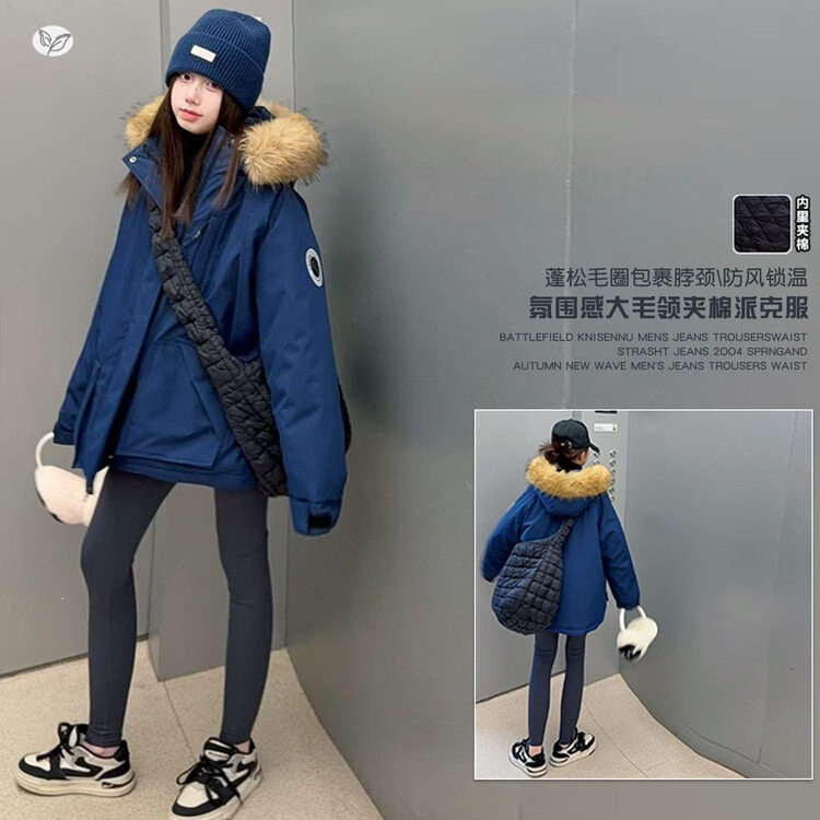 女童宝蓝色大毛领派克服中大童冬季加厚工装棉服儿童宽松连帽外套