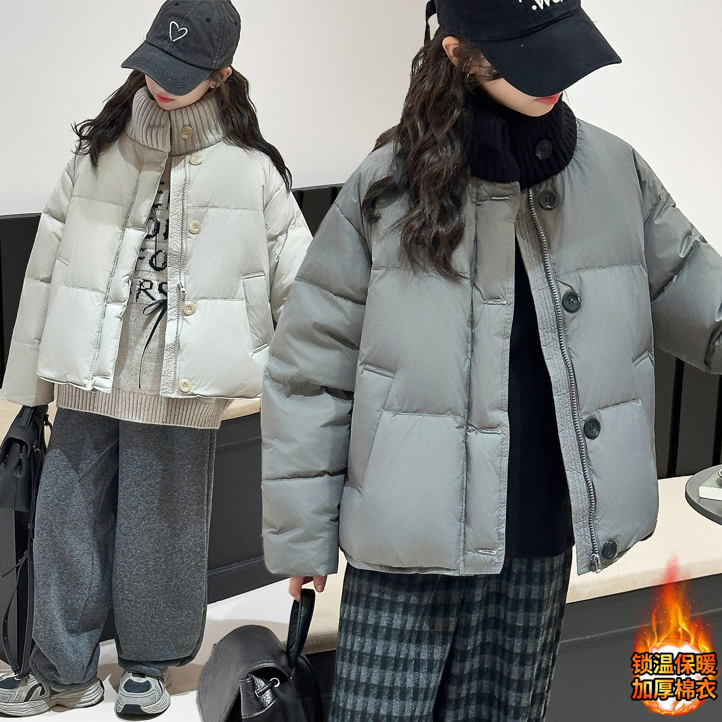 女童韩系短款面包服针织高领防风夹棉棉袄中大童冬季加厚保暖外套