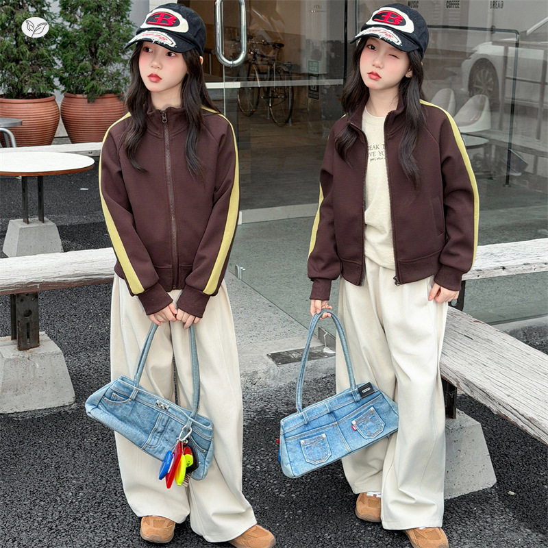 女童2026春秋新款运动外套撞色上衣中大童休闲夹克直百搭筒裤套装