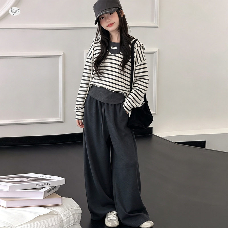 女童套装2026秋季新款中大童撞色条纹帽衫卫裤三件套儿童秋装韩系