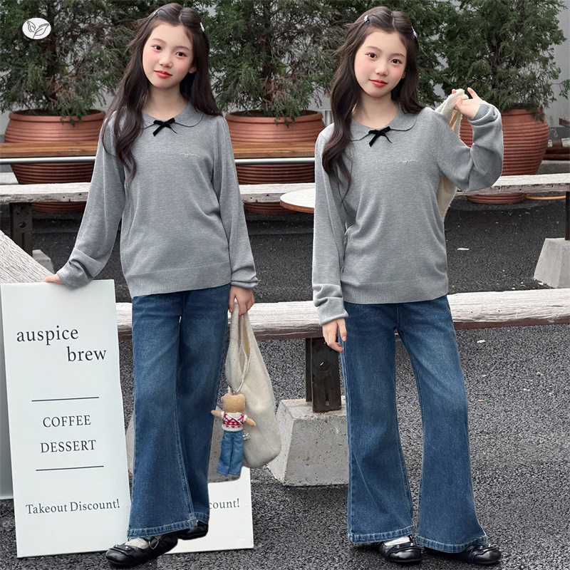 女童2026韩系学院风灰色POLO领针织衫两件套卫衣中大童喇叭牛仔裤