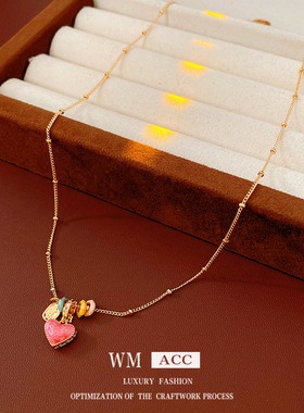 中古vintage锆石滴油爱心吊坠项链轻奢感锁骨链时尚复古饰品