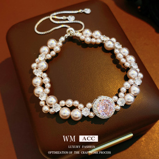 镶锆石圆形串珠珍珠手链轻奢感手环气质时尚 百搭小众手饰