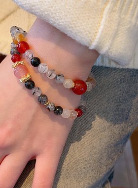 黑发晶手串双圈满天星红玛瑙手链女黄塔晶盐源珠弹力绳手链批发