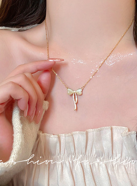 极简金色猫眼石蝴蝶结项链女温柔精致细链百搭精致气质感锁骨链