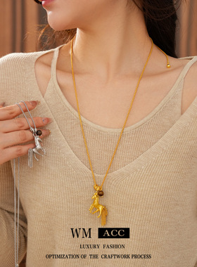 本命年复古金属链条小马吊坠长款项链流苏生肖马毛衣链配饰锁骨链