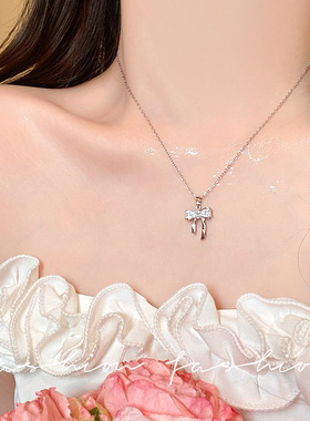 时尚气质轻奢满钻蝴蝶结流苏项链女小众百搭高级感ins锁骨链饰品