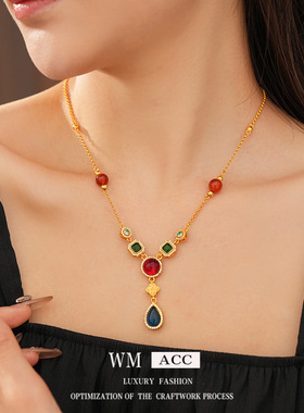 中古vintage锆石水滴吊坠项链轻奢小众感锁骨链复古百搭饰品