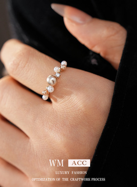 冷淡风镶锆石珍珠戒指小众感精致百搭食指戒法式复古手饰