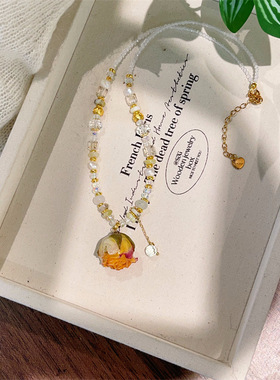 春款真鲜花黄玫瑰花朵项链清新白水晶淡水珍珠颈链复古百搭锁骨链