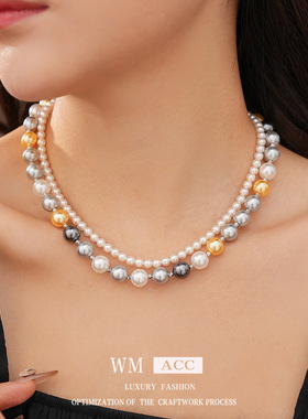 圆形双层磁吸吊坠珍珠项链法式复古宫廷风锁骨链小众感饰品女