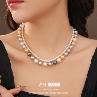 圆形双层磁吸吊坠珍珠项链法式 复古宫廷风锁骨链小众感饰品女