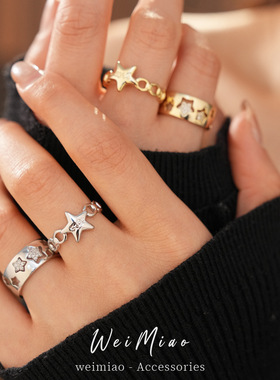 18k真金电镀锆石星星开口戒指小众高级感指环冷淡金属风个性手饰