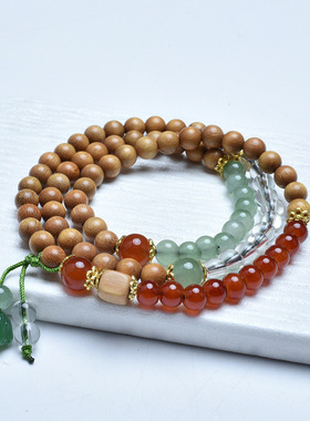 新中式国风多圈檀香木手串男女文玩盘玩手链玛瑙玉髓佛珠叠戴配饰