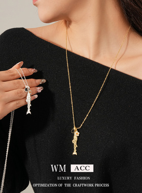 新中式锆石花朵小鱼吊坠项链轻奢小众毛衣链时尚百搭饰品女感