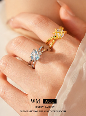 镶锆石麻花交叉开口戒指小众感轻奢食指戒时尚个性冷淡风手饰