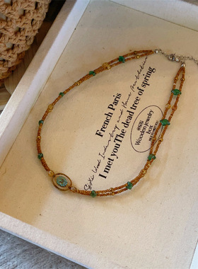 春款新款捷克珠双层橄榄绿花朵撞色颈链精致项链叠戴颈链清新复古