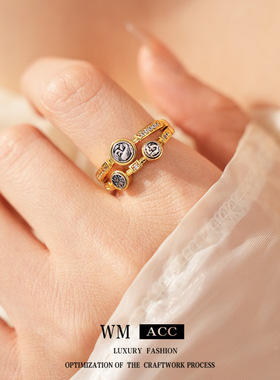 中古vintage锆石圆形开口戒指时尚复古百搭食指戒小众感手饰