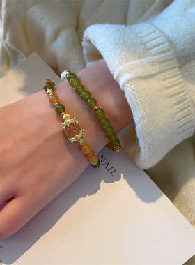 双圈和田玉手串碧玉6mm圆珠搭配黄塔晶手链新中式高级感珍珠手饰