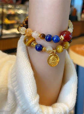 小红书爆款新中式手链女虎眼石蓝晶石高级感手串个性发晶双圈手链