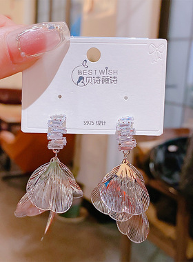 2025新品镀白超仙拉丝大花瓣锆石耳环 女轻奢小众高级感时尚耳坠