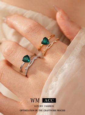 真金电镀镶锆石交叉开口戒指小众感百搭食指戒个性冷淡风手饰