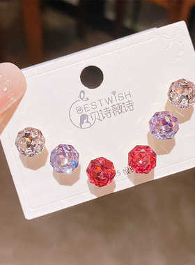 银针彩色多切面气质百搭六件套小耳钉 高级感银针轻奢三对装耳钉