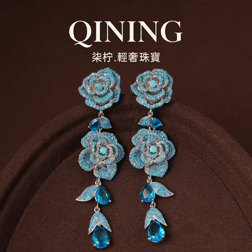 威尼斯蓝钻玫瑰耳环 重工微镶锆石耳丁 轻熟名媛风聚会精致耳饰女