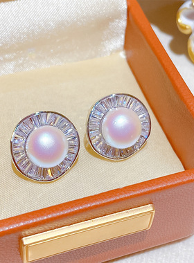 新品高级感珠光粉面包珠满锆石耳钉 高级感轻奢银针百搭精致耳环