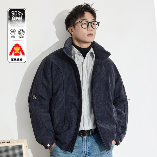 希越高端PU皮立领白鸭绒羽绒服男