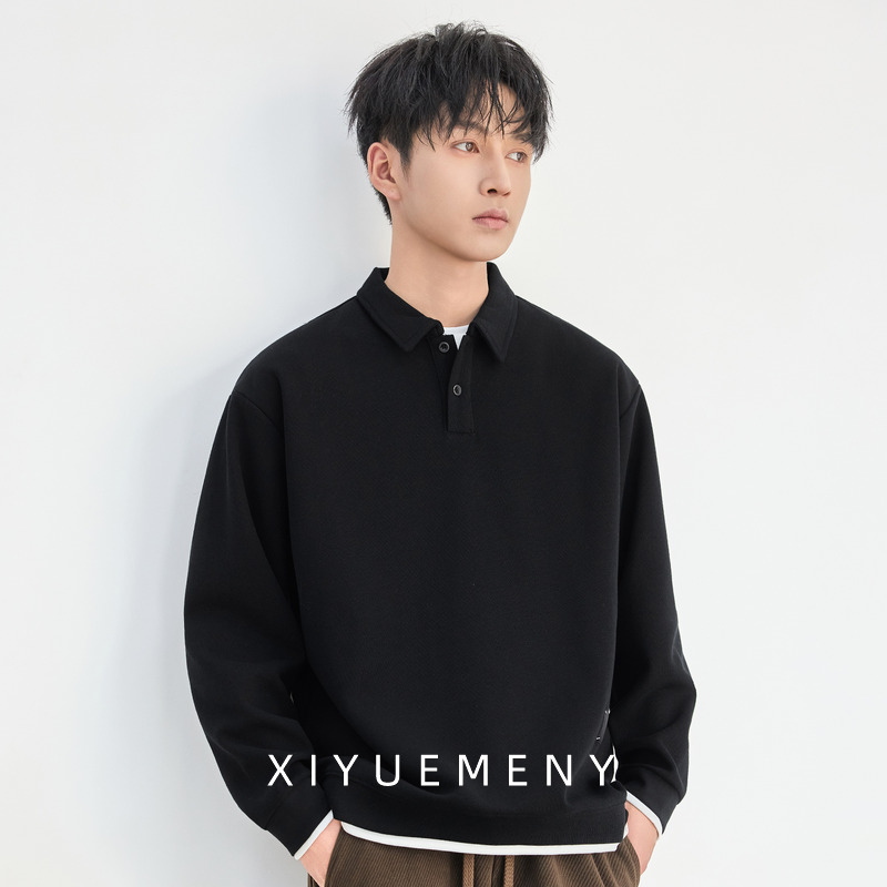 设计感假两件Polo领长袖卫衣男士