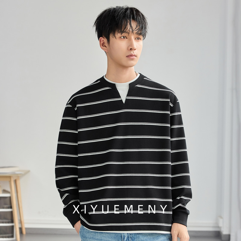 肌理感条纹撞色假两件V领休闲卫衣男宽松大码秋冬季简约百搭上衣